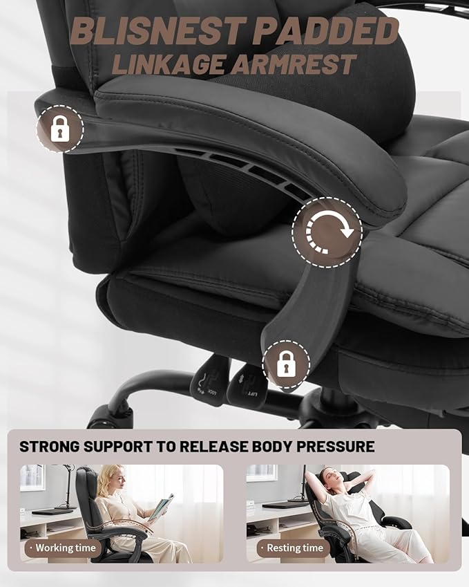 600lbs Office Chair with Footrest, Executive Chair with Padded Armrests, Reclining Desk Chair with Lumbar Support, High Back Leather Chair for Heavy People