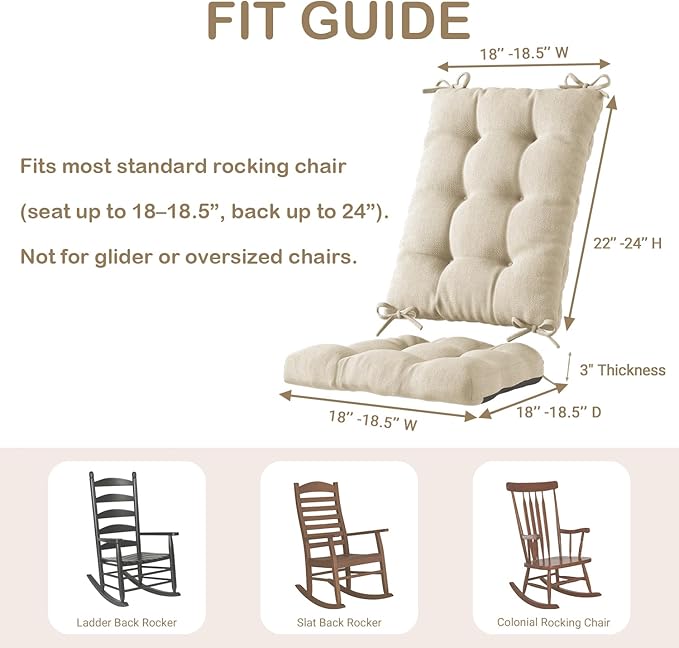 Codi Rocking Chair Cushions Indoor, Water Resistant Glider Rocker Replacement Cushion Set for Patio Porch Garden - Fits Most Standard Rockers, Beige 2PK