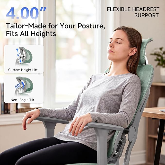 Ergonomic Office Chair with Footrest, 4D Armrests & Dynamic Lumbar Support, High Back Mesh Desk Chair with Adjustable Headrest, Reclining Computer Chair 380lbs for Long Hours (Green)