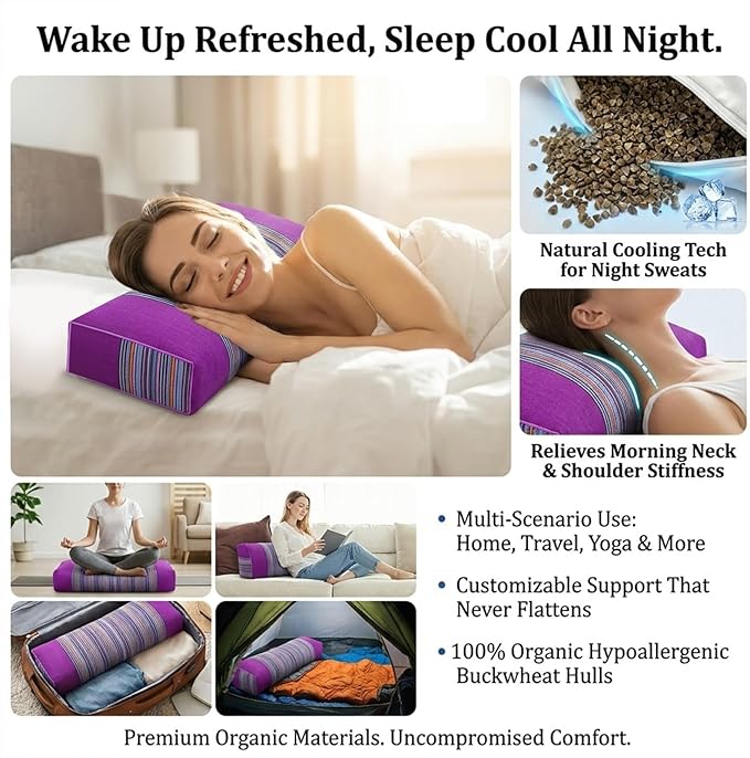 Buckwheat Pillow & Cervical Pillows for Sleeping (21x8x3inch) 100% Organic Coarse Cloth Package w Organic Buckwheat Hulls, Natural Cooling Technology and Relieve Cervical Pain. (Purple)