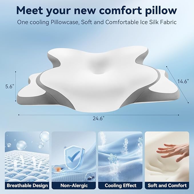 Sleep Apnea Pillow with Neck Pain & Snoring Relief -Orthopedic Cervical Pillow, Ergonomic Contour Memory Foam for Side, Back,Stomach Sleepers, Medium Firm (White, Queen Size 25" lx15 wx5.8 h)