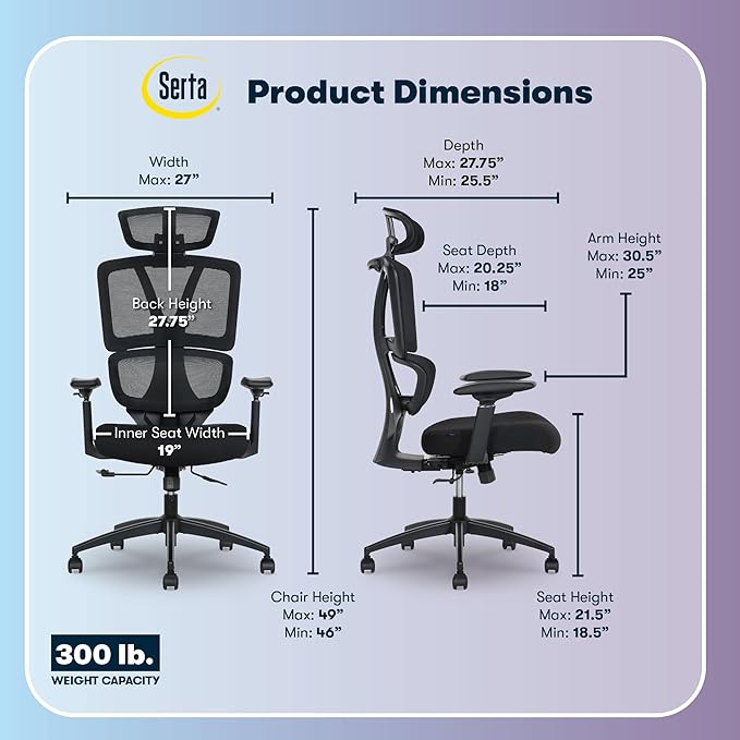 Serta AirHaven SX1200 Ergonomic Office Chair, High Back Mesh Desk Chair with Adjustable Headrest, Lumbar Support, 3D Armrests, ComfortCoils Seat, Swivel Computer Chair with Wheels, Black