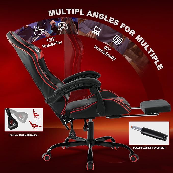 Gaming Chair for Adults, Ergonomic Gamer Chair with Footrest, Spring Pocket Cushion, Computer Office Desk Reclining Chair with Enlarged Metal Base, Linkage Armrests, Lumbar & Headrest (Red)
