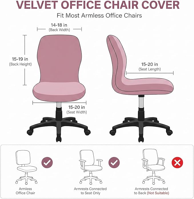 Deisy Dee Velvet Stretch Armless Office Chair Covers - Colorful Stretch Slipcover for Desk Chairs (Pink)