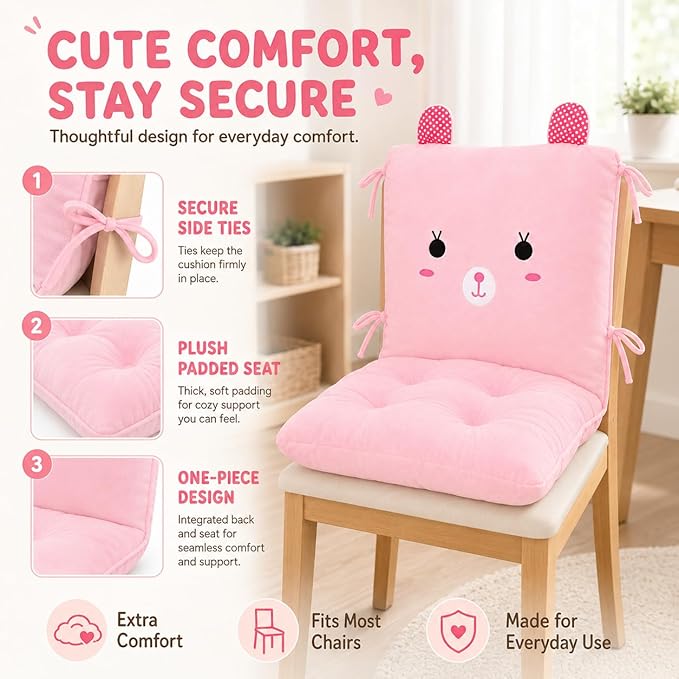 ChezMax Chair Cushion Plush Seat Cushion Back Cushion with Ties Thickened Desk Chair Pads Cartoon Waist Pillow Cushion Decor for Chair Car Office Patio Wheelchair Cartoon Rabbit