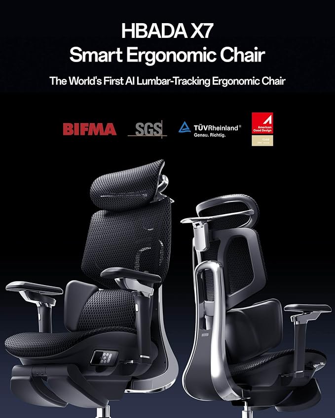 Hbada X7 Smart Ergonomic Chair, Office Chair, with Fully Automated Lumbar Tracking, 4D Adjustable Headrest, 720° Adjustable Armrests, Ventilated Seat Cushion, Swivel, Black