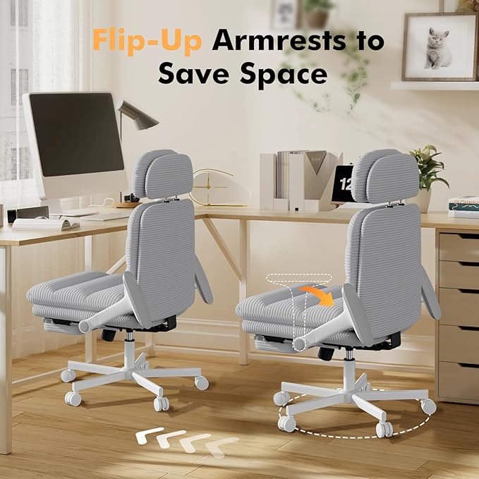 GXJ Criss Cross Chair with Flip-up Arms, Executive Office Chair with Foot Rest, Cross Legged Office Chair G800 Plus, Extra Lumbar Pillow, Corduroy Comfy Computer Desk Chair for Home, Grey