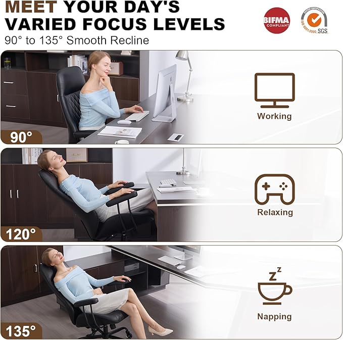 E-Motie Office Chair with Rubber Wheels, Ergonomic Computer Chair 500 lbs, Leather Desk Chair with Lumbar Support, Executive Chair Adjustable Height & Recline, Black