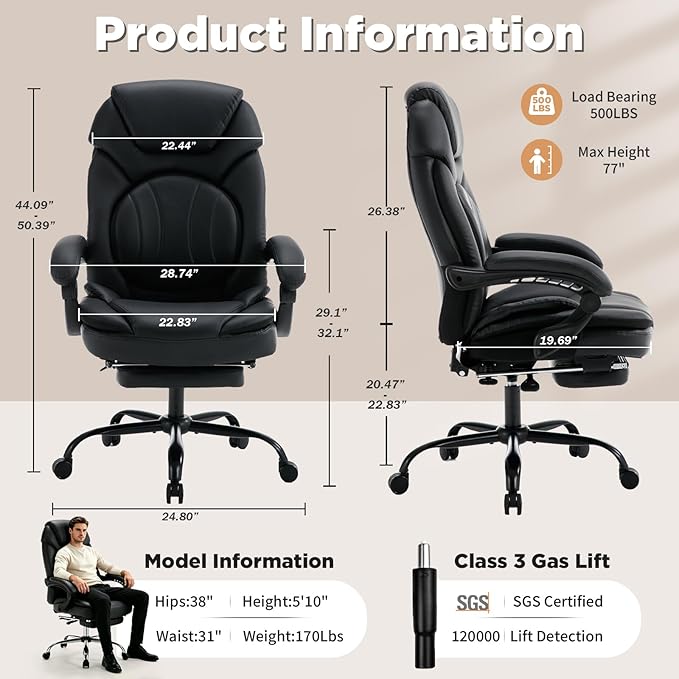 Comfortable Office Chair with Lumbar Support, PU Leather Ergonomic Reclining Office Desk Chair Wide Seat Recliner Office Chair with Foot Leg Rest, Black
