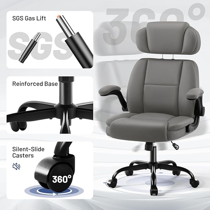 AreShark Ergonomic Office Chair with Lumbar Support, 400lbs Heavy Duty Big and Tall Executive Desk Chair, PU Leather High Back Computer Chair with Flip-Up Arms & Adjustable Headrest, Gray