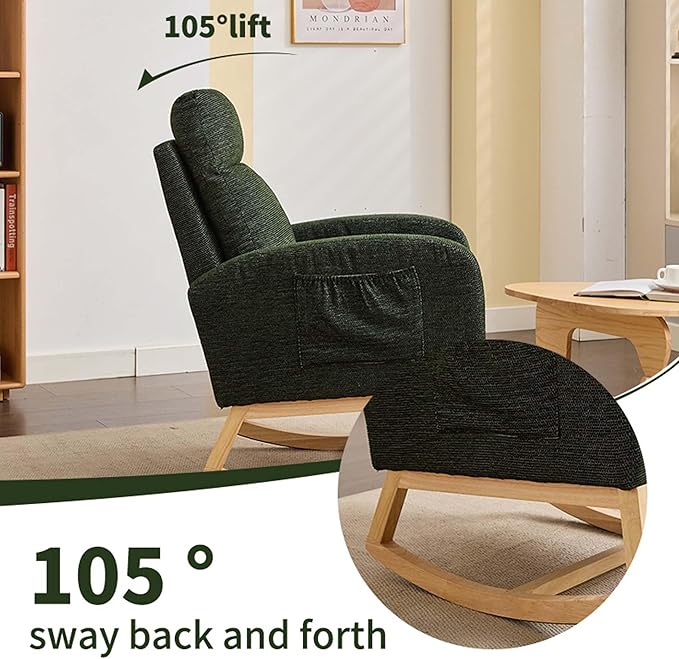 40" Fabric Nursing Rocking Chair, Nursery Chairs with Adjustable Foot Rest, High Backrest Upholstered Arm Chair with Side Pockets, Wood Rocking Chair for Living Room, Bedroom, Baby Room (Dark Green)