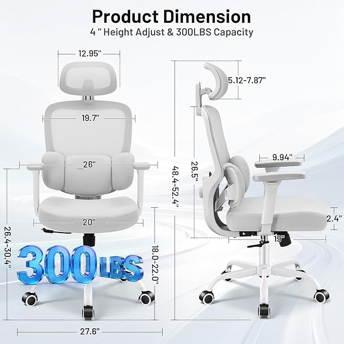 Ergonomic Office Desk Chair, High Back Breathable Mesh Computer Chair, 3D Lumbar Support, 2D Headrest & 3D Armrests, 300lbs Heavy Duty Task Chair for Home Office Work Gaming, Gray