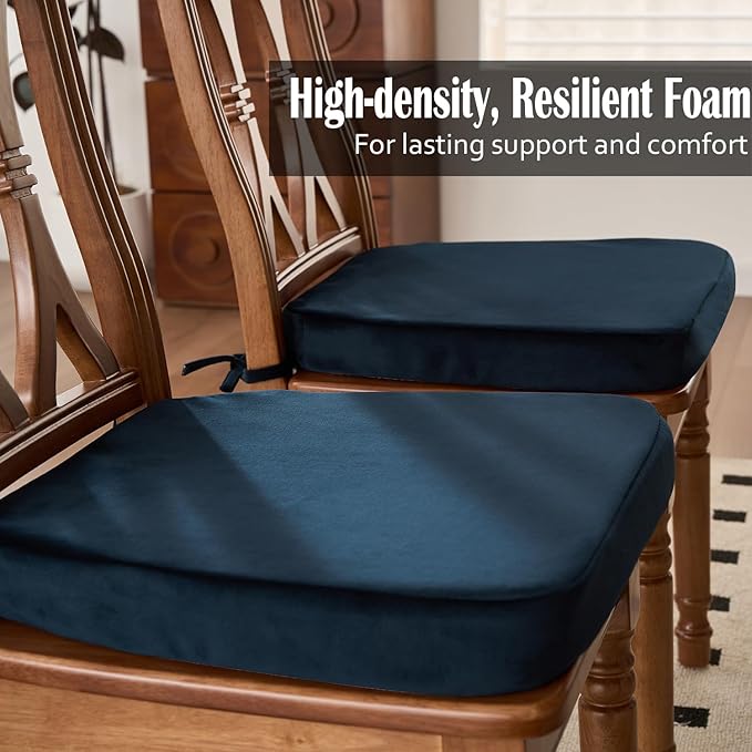 2'' Thick High-Density Foam Indoor Chair Cushions | Dining Chair Pads with Ties, Removable Washable Cover, Kitchen Chair Cushions 17"x16",Navy Blue 2 Pack