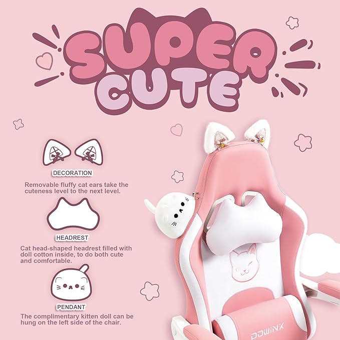 Dowinx Gaming Chair Cute with Cat Ears and Massage Lumbar Support, Ergonomic Computer Chair for Girl with Footrest and Headrest, Comfortable Reclining Game Chair 290lbs for Adult, Teen, Pink
