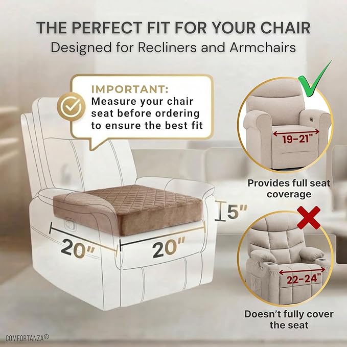 Large Soft 20x20x5 Polyurethane Foam Recliner Chair Seat Cushion for Long Sitting - Washable Velvety Cover with Waterproof Layer, Non-Slip Base - Tailbone Pain & Pressure Relief - Brown