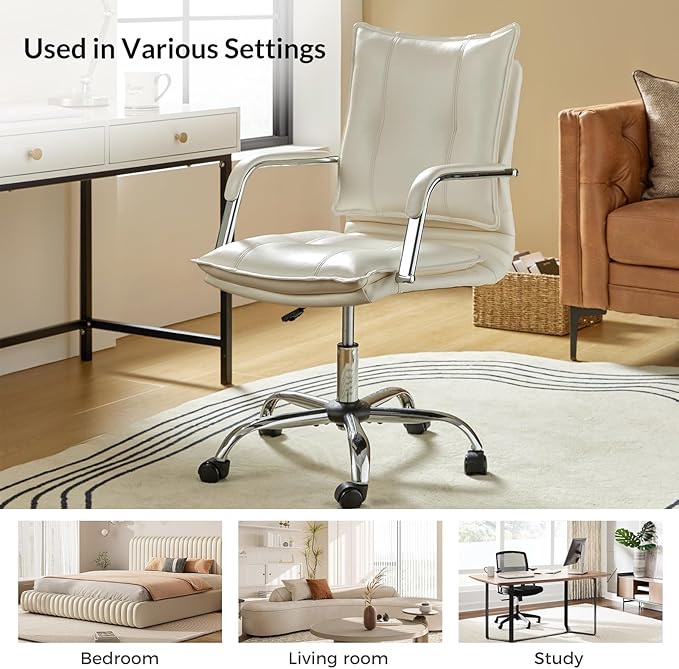 HULALA HOME Faux Leather Home Office Desk Chair, Adjustable Swivel Computer Chair with Sliver Legs and Arms, Comfy Upholstered Task Chair(White)