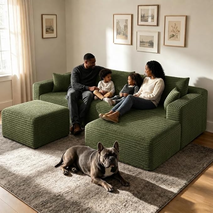 94" Green Fluffy Couch with Ottoman for Living Room, Corduroy No Bones Sectional Couch,Compressed Memory Foam Cloud Sofa,No Assembly Required,Right Facing Chaise,Green