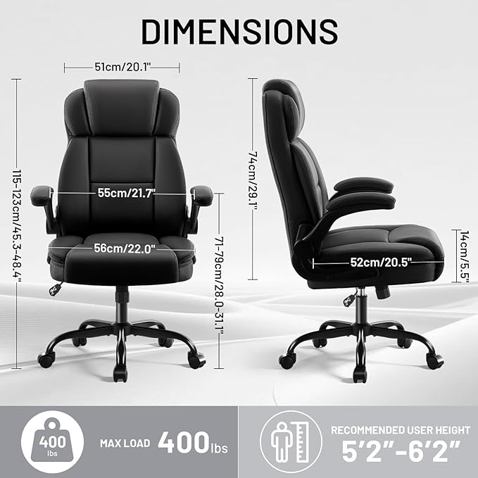 AreShark Ergonomic Office Chair with High Back Headrest,PU Leather Executive Desk Chair Padded Flip-Up Armrests,Lumbar Support,Swivel Computer Chair for Home Office & Gaming,Black