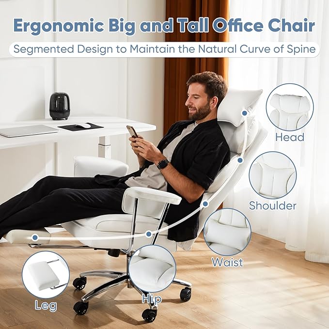 DUMOS Home Office Desk Executive Chair - Ergonomic Big Tall High Back with Footrest & Lumbar Support, Reclining Height Adjustable, Comfy PU Leather Computer Gaming with Swivel Wheels, White