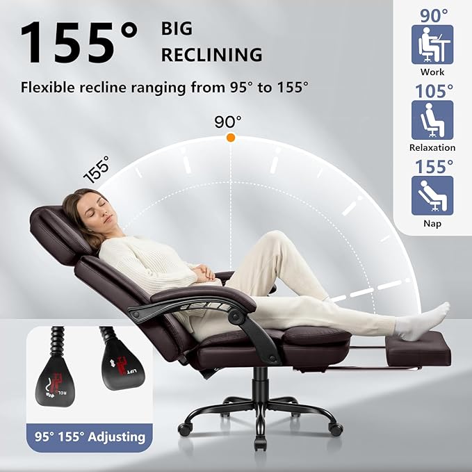 VENDORZe Office Desk Chair with Foot-Rest 400lbs, Heavy Duty Executive Office Chair, Comfy High Back Ergonomic PU Leather Desk Chair with Lumbar Support, Brown