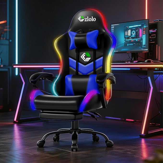 Czlolo Gaming Chair, 2026 Upgraded RGB LED Lights Computer Chair with Footrest, Lumbar Support Massager Gamer Chair, High Back, 90-135° Reclining, Linkage Armrests, Blue