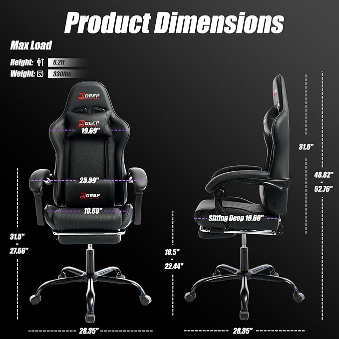 Gaming Chair with Footrest, Ergonomic Game Chair with Lumbar Support and Linkage Armrest, Reclining Computer Chair Height Adjustable for Home Office (1001-Black)