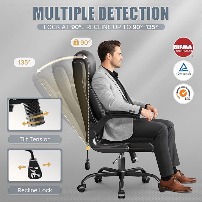 Ergonomic Office Chair, Home Desk Computer Chair, High Back Executive Chair，Padded Leather Ergonomic Computer Desk Chair with Inflatable Lumbar Support & Flip-Up Arms, Swivel Chair,Black 2 Pack