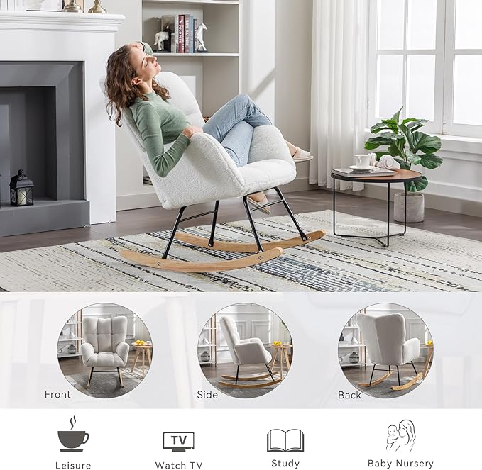 FOXHUNTER Rocking Chair Nursery Teddy Upholstered Glider Rocker High Backrest Nursery Rocker Comfortable Stylish Accent Armchair for Living Rooms Bedrooms Offices (Teddy Ivory)