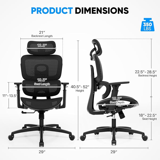 MoNiBloom Ergonomic Office Chair, High Back Mesh Desk Chair with Adjustable Headrest & 3D Armrests, Lumbar Support, 90–145° Recline, Height Adjustable Swivel Rolling Computer Chair for Office, Black