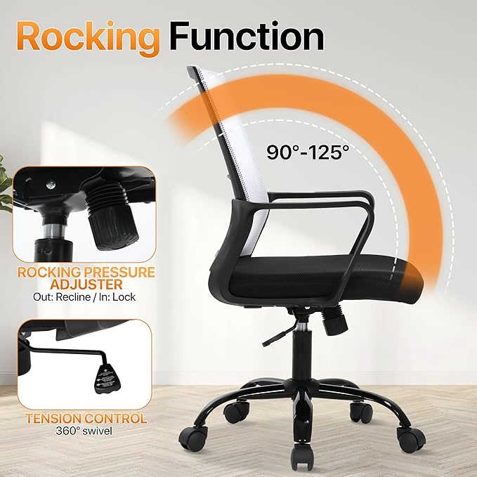Ergonomic Office Chair, Comfortable Home Desk Chair, Breathable Mesh Back Computer Chair and Lumbar Support, Adjustable Height, Sponge Seat, White