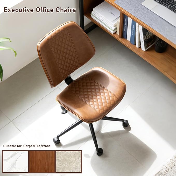 DYHOME Modern Walnut Home Office Chair with Wheels, Executive Office Desk Chair No Arms, Adjustable Height Small Desk Chair, Comfy PU, Deeper Cushion, Mid Back 360 Swivel Computer Chair, Brown