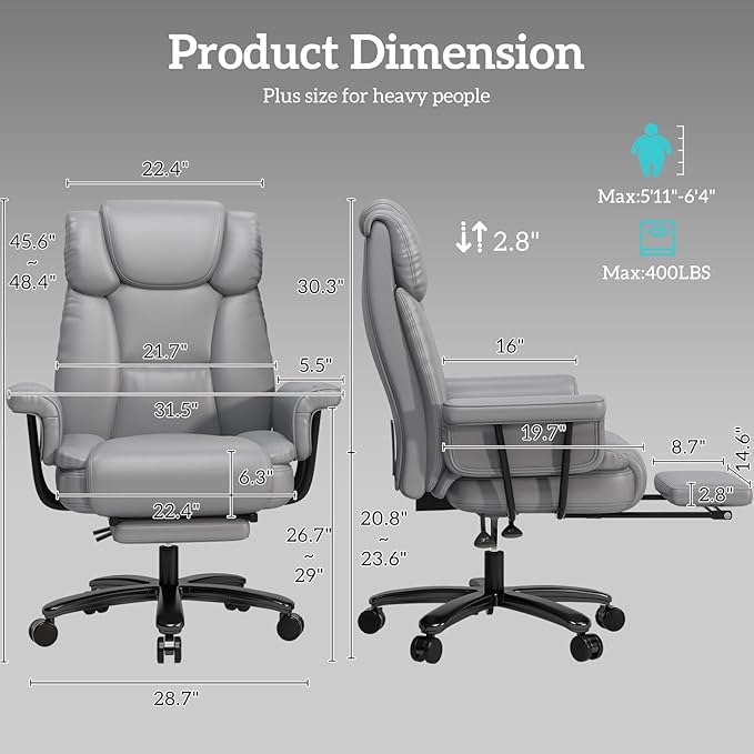 GYI 160 Reclining Office Chair with Footrest, Big and Tall High Back Ergonomic Computer Desk Chair with Cross Legged Seat, Arms, Wheels, Leather, Grey, 400 LBS Capacity
