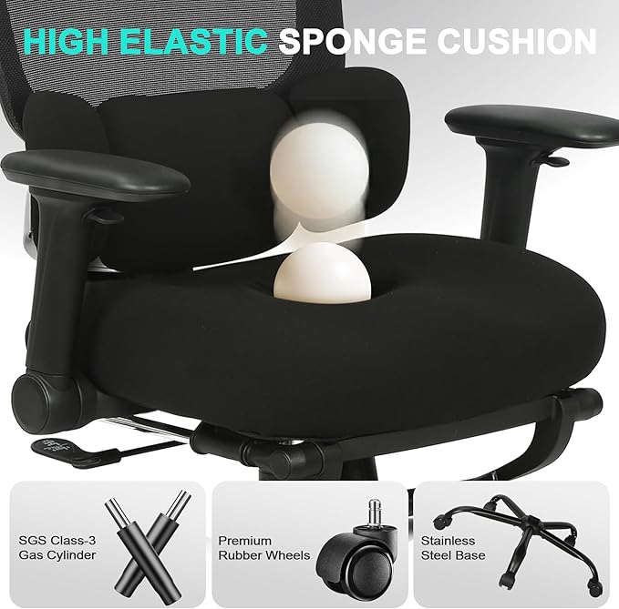 Ergonomic Office Chair with 4D Flip-Up Arms & Footrest, Mesh Desk Gaming Chair with 3D Headrest & 2D Floating Wing Lumbar Support, High Back Computer Chair for Home Office Vanity, Black