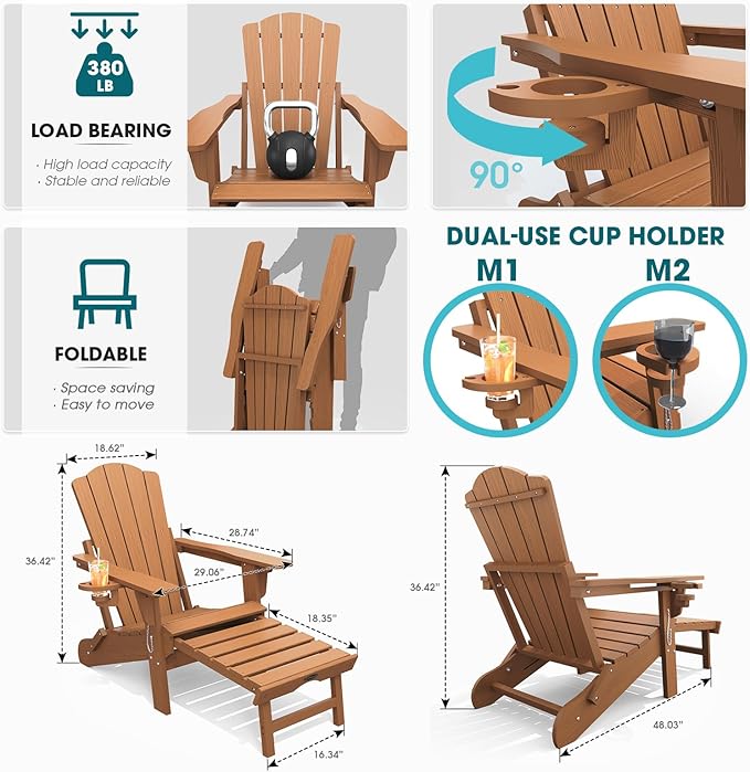 THOEOE Adjustable Adirondack Chair with Retractable Ottoman, HDEP Folding Adirondack Chairs with Footrest 2-in-1 Cup Holder, All Weather Outoor Fire Pit Chair with Foot Rest Set 8 Wood