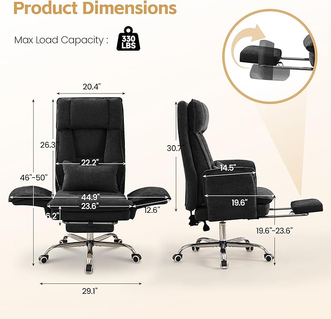 Big and Tall Office Chair, Cloud Reclining Office Chair with Footrest & Flip Armrest for Pets, Executive Ergonomic Criss Cross Desk Chair, Swivel Gaming Chair with Lumber Pillow, Chenille Dark Black