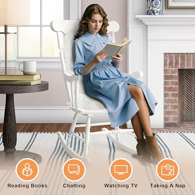 Rocking Chair Cushion - Chenille Fabric, High-Density Sponge, Durable Comfort Double-Sided Tufted Seat Pads with Ties, Chenille︱White, 44x19x4 inch