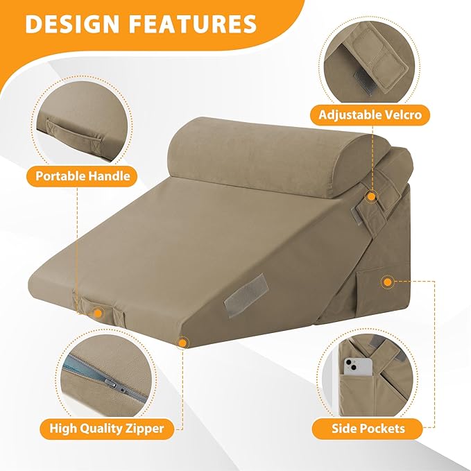 Ruqmuis 3PCS Wedge Pillow Set for After Surgery, Adjustable 9&12 Inch Bed Wedge Pillow for Sleeping, Incline Pillow Wedge for Headboard, Post Surgery, Acid Reflux, Neck&Back Support, Plush Brown