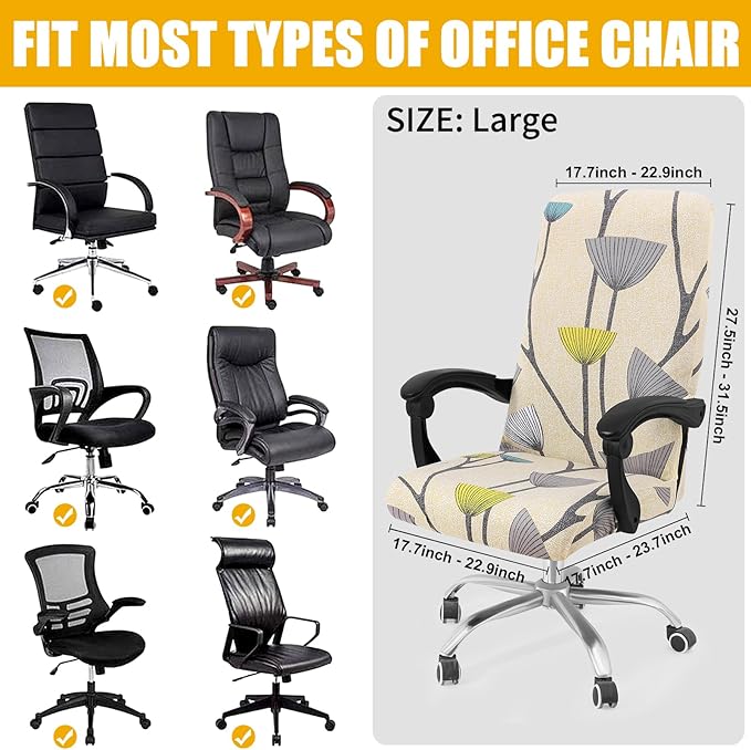 Smiry Stretch Printed Office Computer Chair Covers, Universal Desk Rotating Chair Slipcovers Removable Washable, Soft Fit Anti-Dust Spandex Protector Cover with Zipper, Yellow and Grey