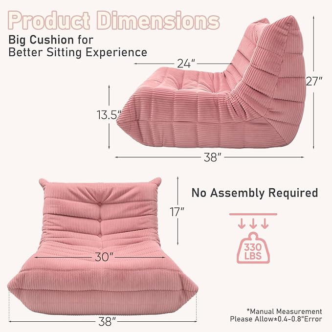 Trenda Bean Bag Chairs for Adults - Comfy High-Density Foam Fireside Chair, Adult Size, Soft Corduroy Cover Beanbag Couch, Versatile for Living Room, Bedroom, Dorm, Reading & Gaming (Pink)