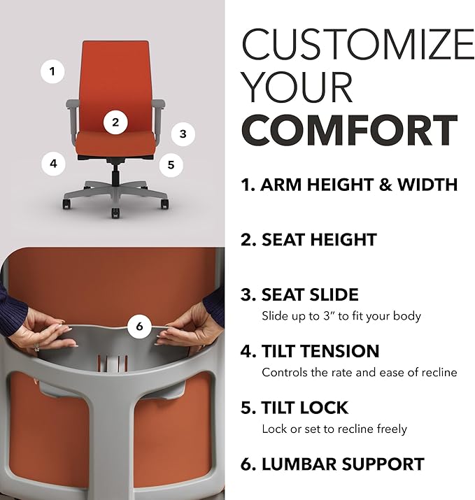 HON Ignition 2.0 Mid Back Task Chair, Spectrum Mesh, Advanced Synchro-Tilt Control, Office Chair with Lumbar Support, Height and Width Adjustable Arms, Titanium Frame, Salamander