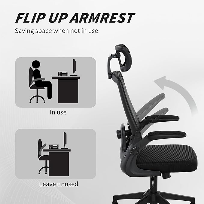 HOMCOM Office Chair, High Back Desk Chair with Flip-up Armrest, Rotatable Headrest, Tilt Function, Adjustable Lumbar Support, Swivel Wheels for Home Study, Black