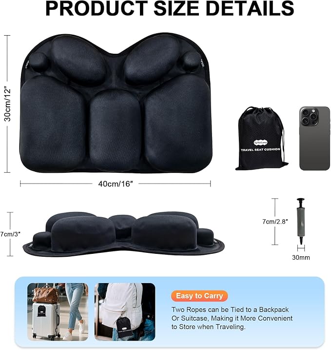 Lumbar Pillow with Air Pump, Travel Inflatable Pillow for Lumbar and Lower Back Pain Relief, Essential Lumbar Support Pillow for Airplane Travel, Car, Office Chair (Black)