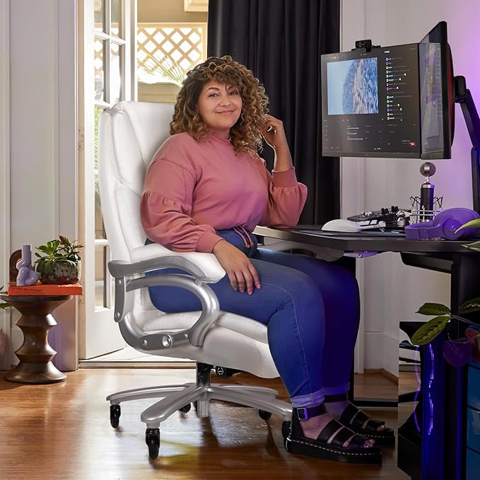 VITESSE 600lbs Heavy Duty Office Chair for Low Back Pain Relief, Big and Tall Office Chair with Ergonomic Lumbar Support, High Back Executive Chair with Quiet Rubber Wheel（White）