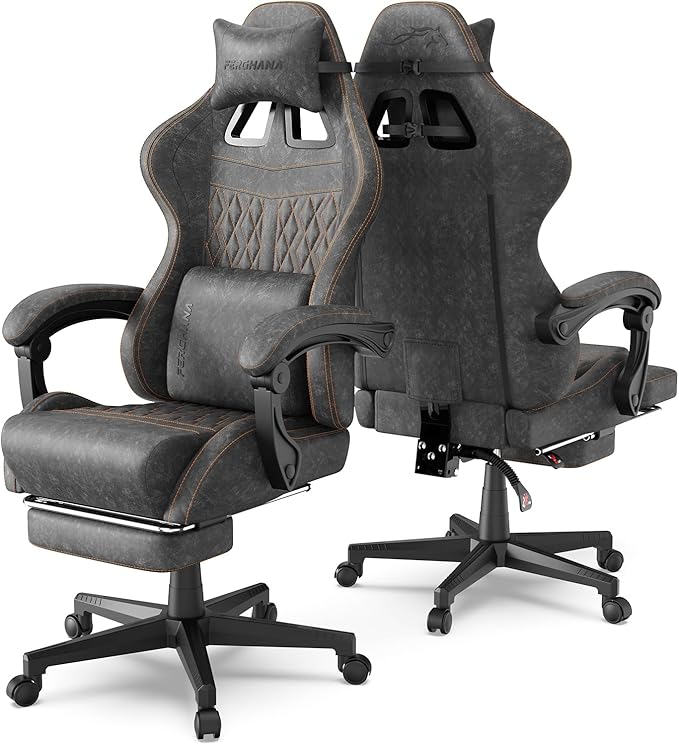 Ferghana Vintage PU Leather Gaming Chair, Ergonomic Gamer Chair with Massage, High Back Computer Office Chair with Footrest for Adults, Racing Style Reclining Video Game Chair (Grey)