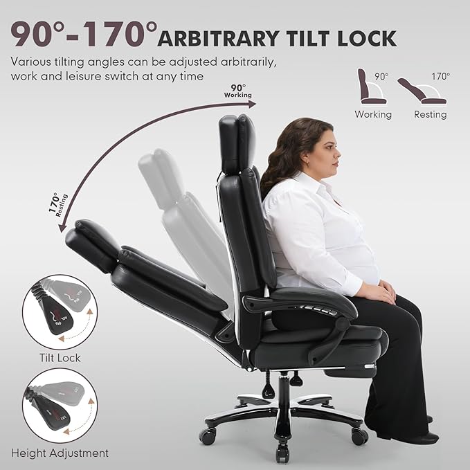 500lbs Plus Size Office Chair with Foot Rest, PU Leather Big and Tall Heavy Duty Reclining Office Desk Chair with Lumbar Support, Black