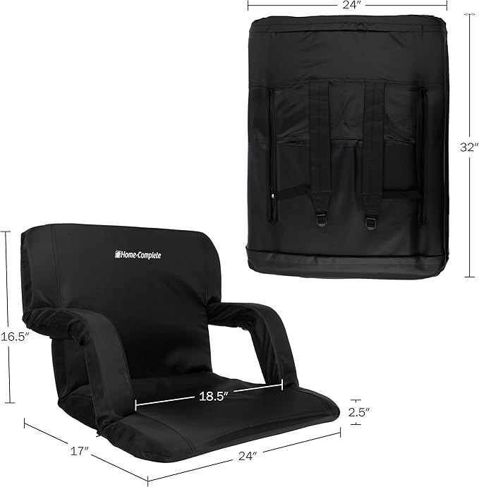Home-Complete Stadium Seats - Bleacher Cushion with Padded Back Support and Armrests - 6 Reclining Positions Folding Stadium Chair with Carry Straps for Sports, Concerts, Camping, or Beach