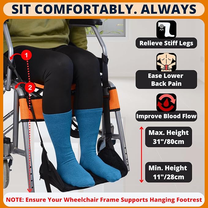 Premium Wheelchair Footrest Hammock, Anti-Slip Foot Sling for Wheelchair Foot Rest Replacement, Adjustable Leg Rest for Rollator w/Rigid Base, Leg Hammock for Walker, Wheelchair Accessories