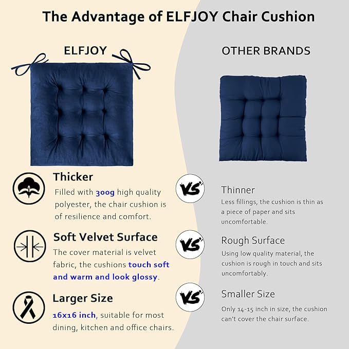 ELFJOY 4 Pack Chair Cushions for Dining Chairs Chair Pads Cushion for Kitchen Office Tufted Square Seat Cushion with Ties (16" Navy Velvet)