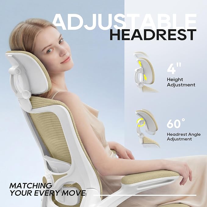 Office Chair, Ergonomic Mesh Desk Chair with Adjustable Lumbar Support and Headrest, Flip-up Armrests, High Back Computer Task Chair for Home and Executive Office (W-All Beige)