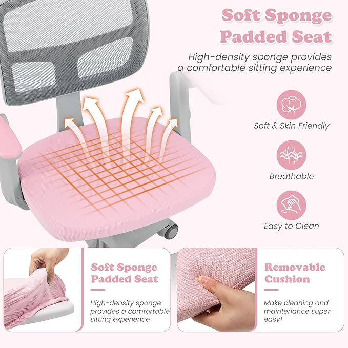 Giantex Kids Desk Chair, Ergonomic Adjustable Student Rolling Chair with Footrest & Flip-up Armrest, Mesh Children Office Chair with Universal Wheels, Kids Computer Chair for Boys & Girls, Pink